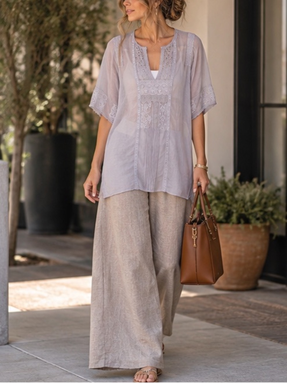 Johnny Was 4LoveAndLiberty Lavender Silk Lace Pintuck Semi Sheer Longline Blouse